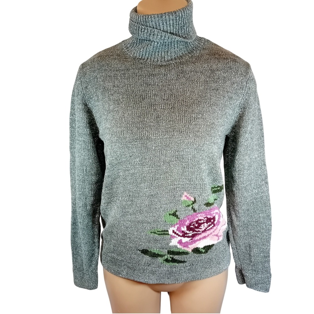 Vintage 80s 90s Tabi International Turtleneck Sweater Glitter Rose Oversized‎ S